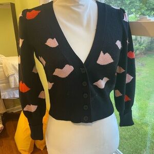 Maeve Women's Sweater Black Pink Red Lips Wool Cotton Blend Size S